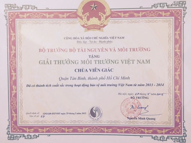 Tp.HCM: Chùa Viên Giác nhận giải thưởng môi trường Việt Nam 2015