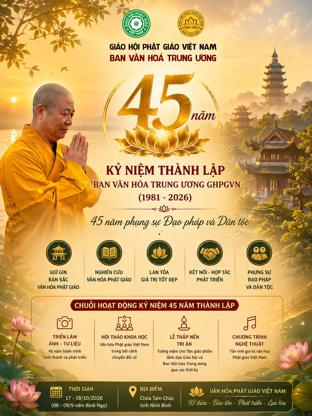 Ban Văn hóa Trung ương GHPGVN tổ chức chuỗi hoạt động kỷ niệm 45 năm thành lập và Hội thảo khoa học "Văn hóa Phật giáo Việt Nam trong bối cảnh chuyển đổi số: Thực tiễn và định hướng phát triển"
